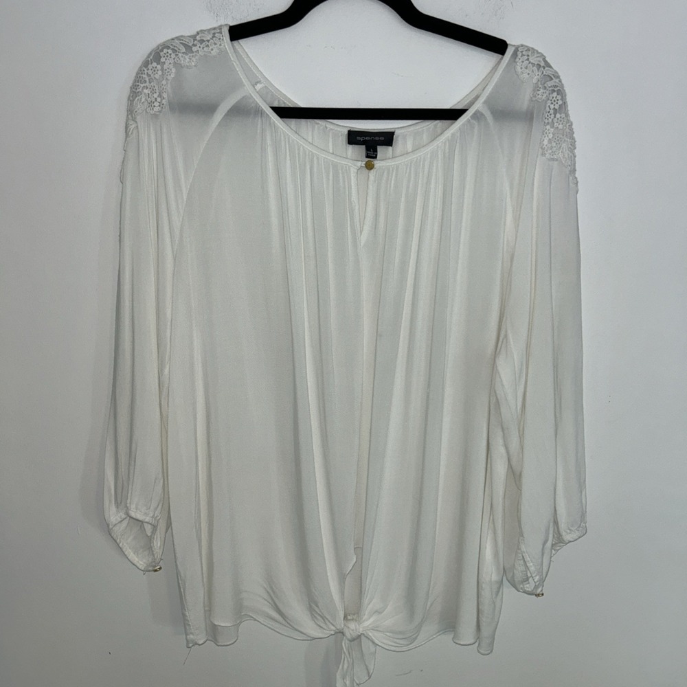Spence Large White Blouse Crochet Lace Peasant‎ Front Tie 3/4 Sleeve Boho Light